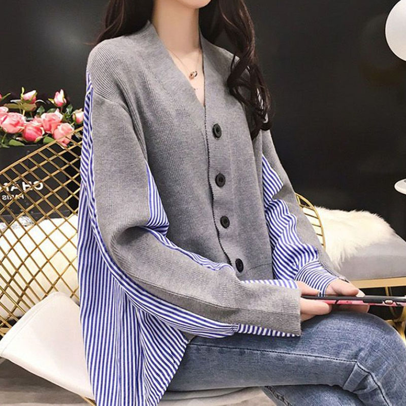 Winter Clothing Korean - Female Korean Casual V-Neck Knitted Spliced