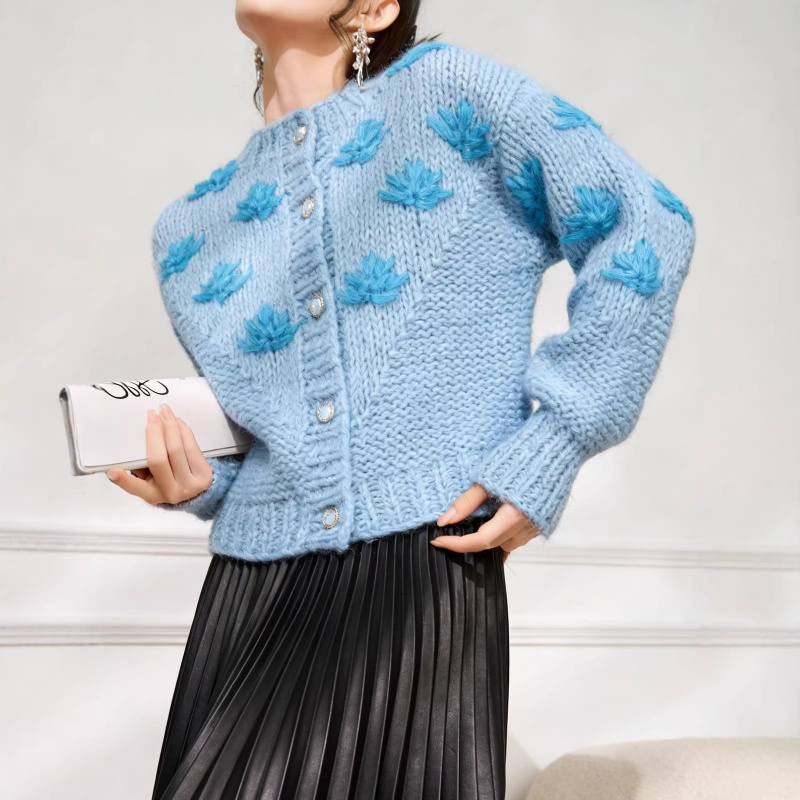 Winter Clothing Material - Blue sweater, Korean fashion, floral-decorated, women's