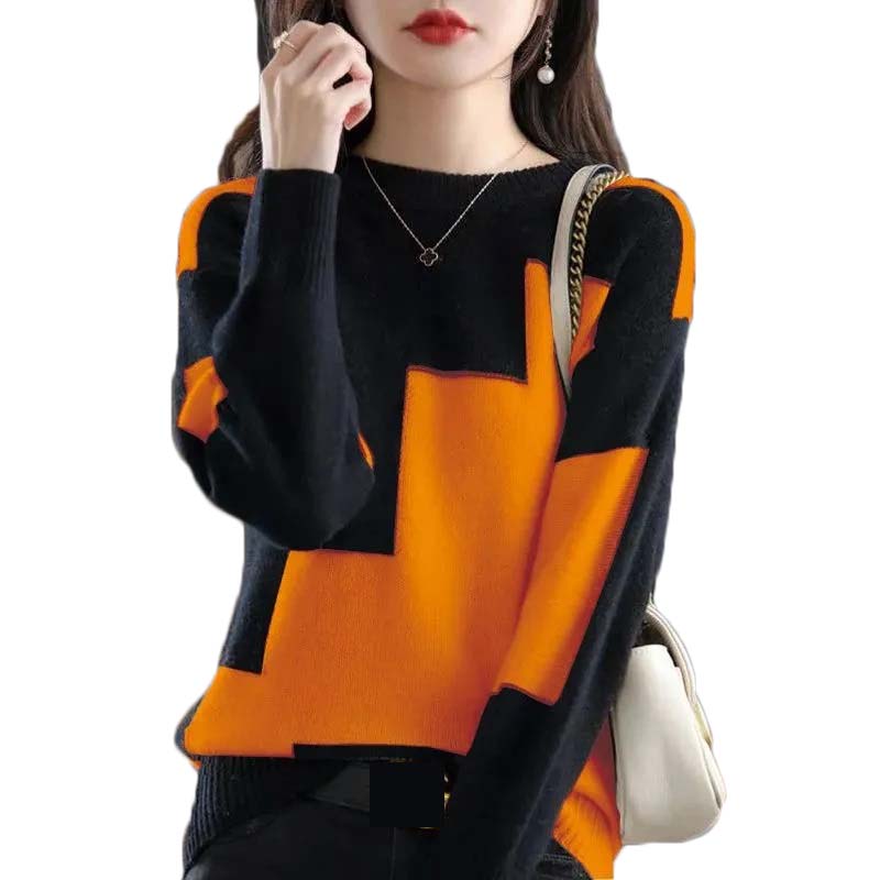 Winter Clothing Korean - Fashion O-Neck Spliced Knitted Color Sweater